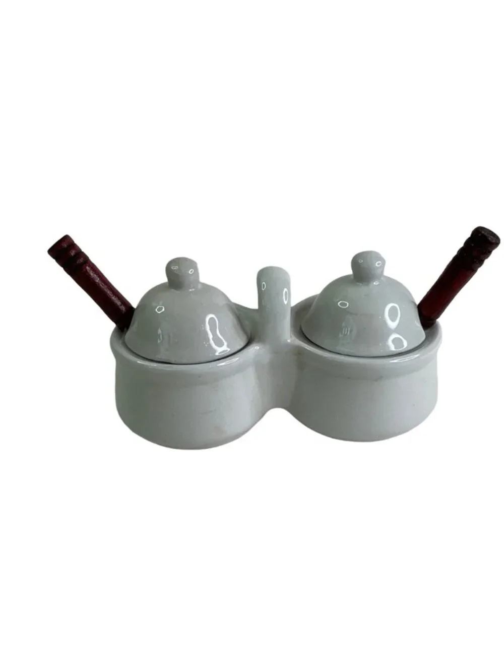 Vintage Houston Harvest White Ceramic Double Condiment Server Set Wood Spoons